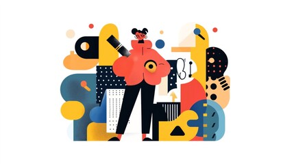 Naklejka premium Colorful abstract illustration of a person holding a large pencil surrounded by geometric shapes and patterns in various colors and designs.