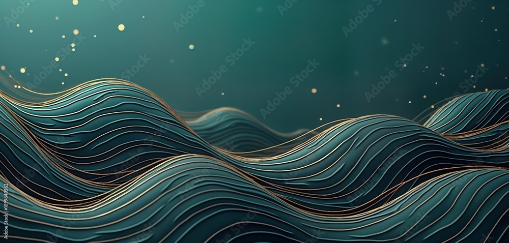 Poster abstract illustration of dynamic teal, gold wavy shapes. smooth liquid curves create flowing effect.