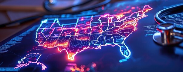 A vibrant, illuminated map of the United States, showcasing a network in neon colors against a dark background, symbolizing health or technology.