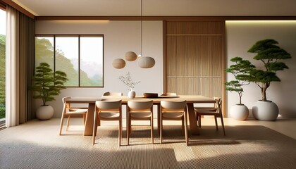 Fototapeta premium Minimalist, japandi interior design of modern living room with dining table.