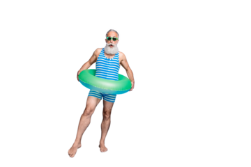 Full size photo of impressed man in eyeglasses eyewear wearing striped bathing costume hold lifesaver trying ocean water isolated over blue background