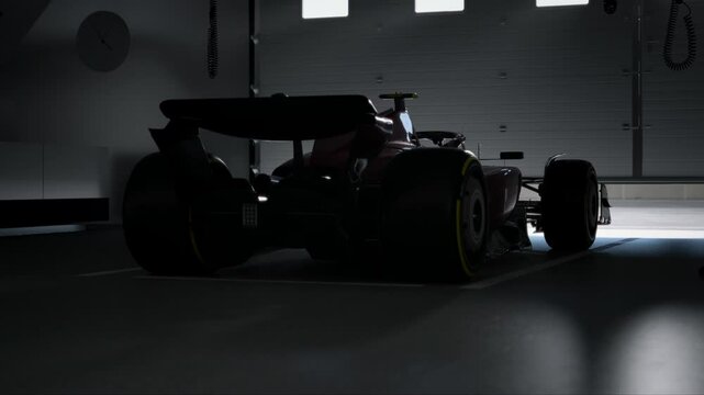 Silhouette of a race car in a dimly lit garage, garage door opens