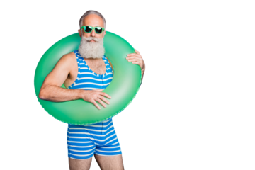 Portrait of attractive man with rubber circle looking in eyewear eyeglasses wearing striped costume isolated over blue background