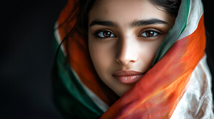 Fototapeta premium Elegant Indian Girl in Flowing Drapes of Indian Flag Colors.