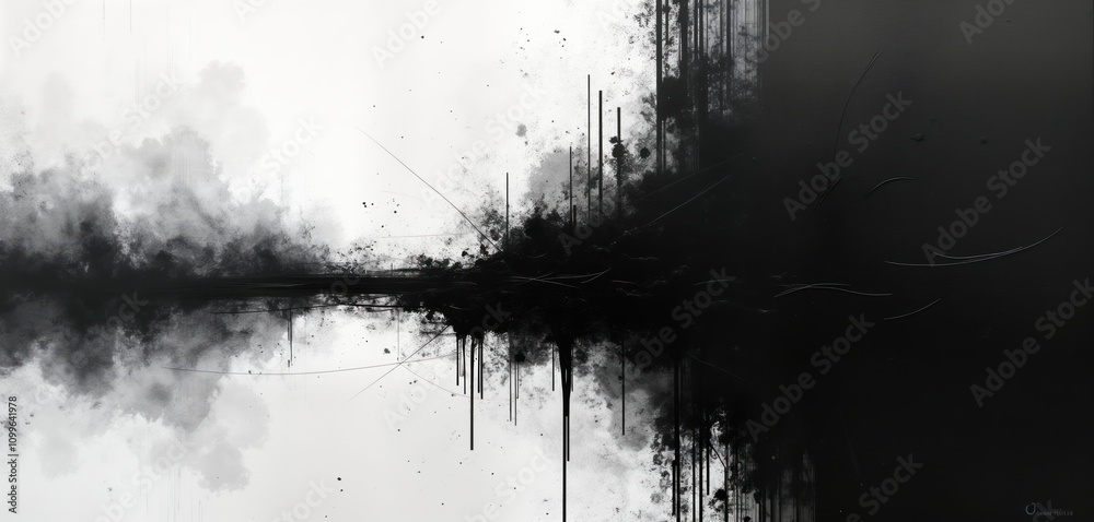 Poster Abstract monochrome image shows raw grunge texture. Dark grey, black colors create expressive aesthetic. Visualizes rough material surface with streaks, drips. Unique pattern mimics aged material.