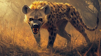Obraz premium A spotted hyena with a menacing grin, its long fangs in the pale light of the savanna background wallpaper AI generated image