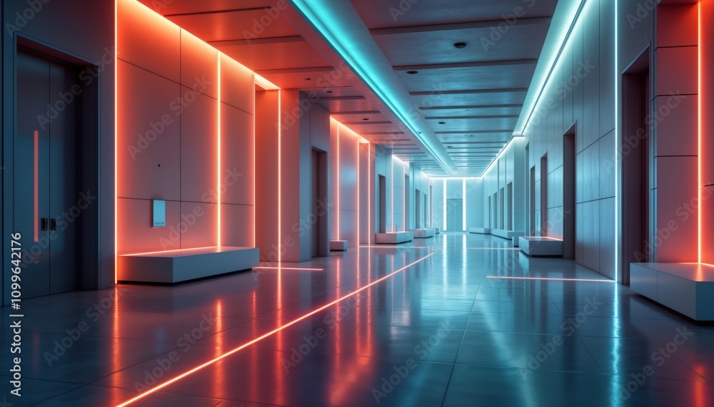 Poster futuristic corridor design with vibrant lighting. modern building interior sleek architecture. neon 