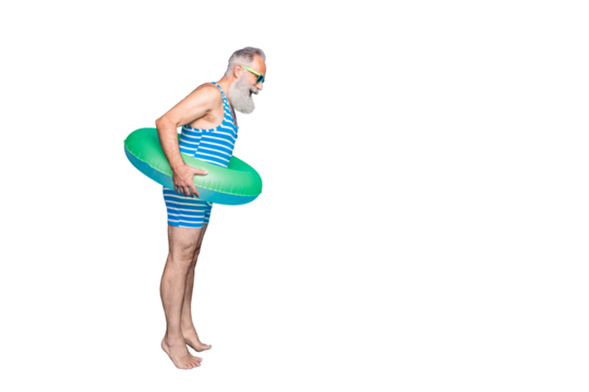 Full body profile side photo of surprised man look down with his eywear eyeglasses hold green lifesaver wear striped bathing suit isolated over blue background