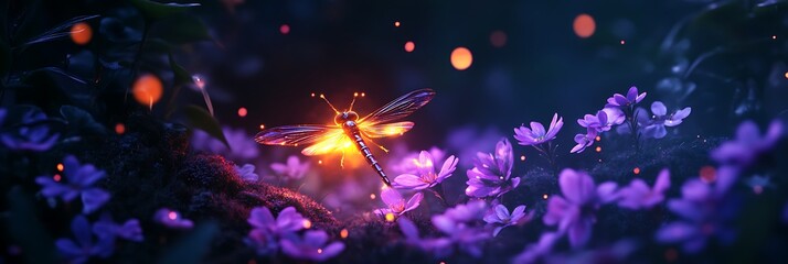 Brilliant firefly glowing among purple flowers in a dark mystical forest scene