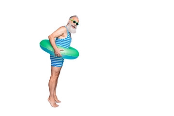 Full length profile side photo of funky grandfather ready to jump hold green lifesaver wear...
