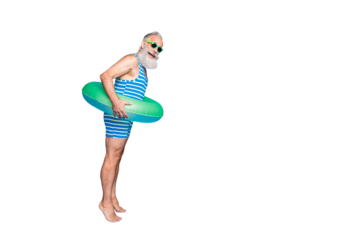 Full length profile side photo of funky grandfather ready to jump hold green lifesaver wear eyeglasses spectacles eyewear striped bathing suit isolated over blue background