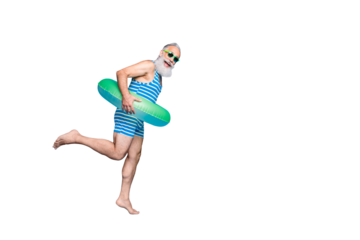 Full length photo of cheerful retired person with eyeglasses eyewear white hair holding toy ring wearing striped bathing suit isolated over blue background