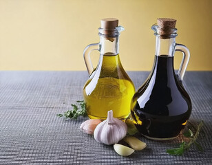 Cruets of Olive Oil and Balsamic Vinegar and Garlic Close AI