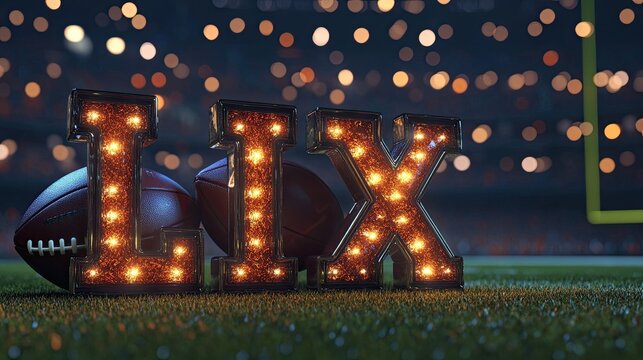 close up American football ball with letters LIX are on the field American football stadium