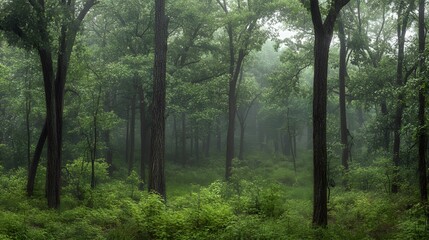 Obraz premium Misty Green Forest Trees Lush Undergrowth