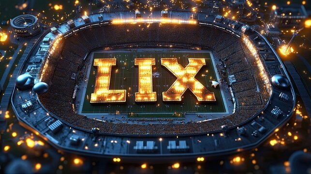  letters LIX and American football are on the field American football stadium with illumination 