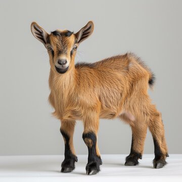 South African Boer goat doeling on white background.