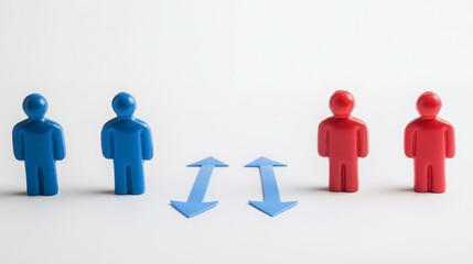 Red and blue figures face each other with arrows indicating communication or opposition.