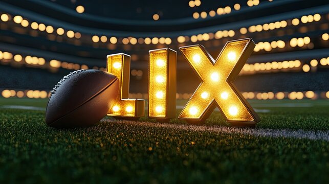 close up American football ball with letters LIX are on the field American football stadium