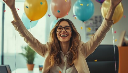 Fototapeta premium Businesswoman celebrates success in office positive environment event for inspiration and motivation