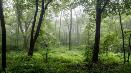 Obraz premium Misty Forest Scene Lush Green Undergrowth Canopy