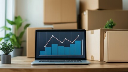 Open laptop displaying financial graphs on wooden table surrounded by cardboard boxes and a small plant.