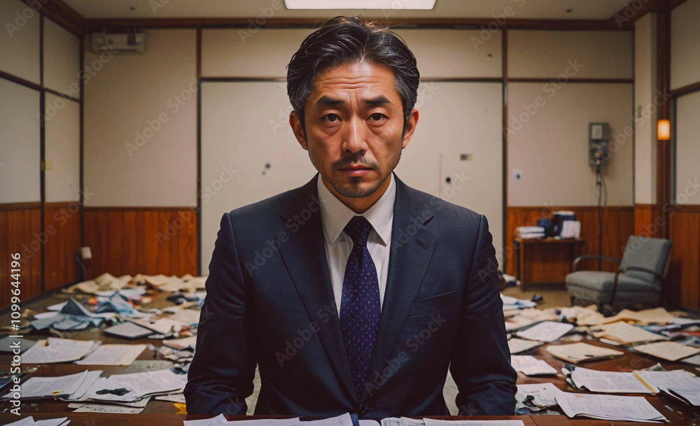 Poster Man in a suit and tie is sitting at a desk with papers scattered around him. He is looking at the camera