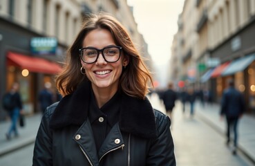 Obraz premium Woman wears black jacket. Stylish woman stands in city street. Cityscape background with shops, people. Casual urban style. Smiling person. Fashionable look. Trendy woman in city. Street style. City
