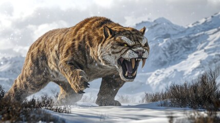 Obraz premium A prehistoric saber-toothed cat growls with its fangs in the snowy mountains background wallpaper AI generated image