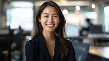 Obraz premium Asian businesswoman smiling confidently in modern office setting