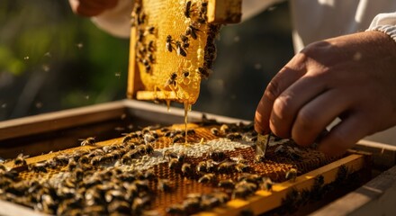 Beekeeper examining honeycomb frame with bees in sunlit apiary