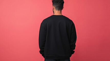 Back view of a young man in black sweatshirt against red background