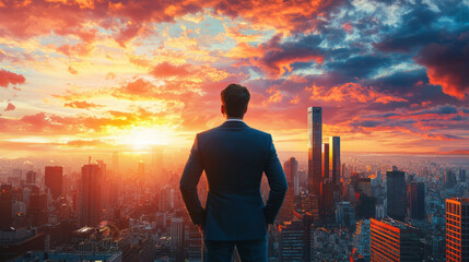 Fototapeta premium Executive man overlooking city skyline at stunning sunset