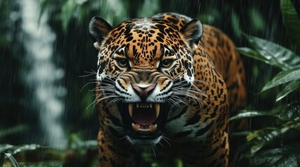 Obraz premium A jaguar growling ferociously with its sharp fangs bared, wandering through the dense rainforest background wallpaper AI generated image