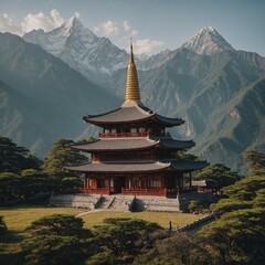 A serene Buddhist temple with mountains in the background.

