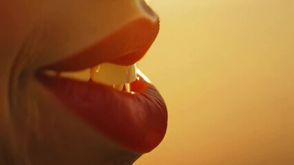 Close-up video of lips parting in a gentle smile, slow zoom, warm glow lighting, establishing scene