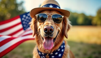 Happy golden retriever dog wearing patriotic cowboy hat sunglasses, bandana. Dog looks cheerful, proud with American flag in background. Scene likely outdoor setting in summer during American
