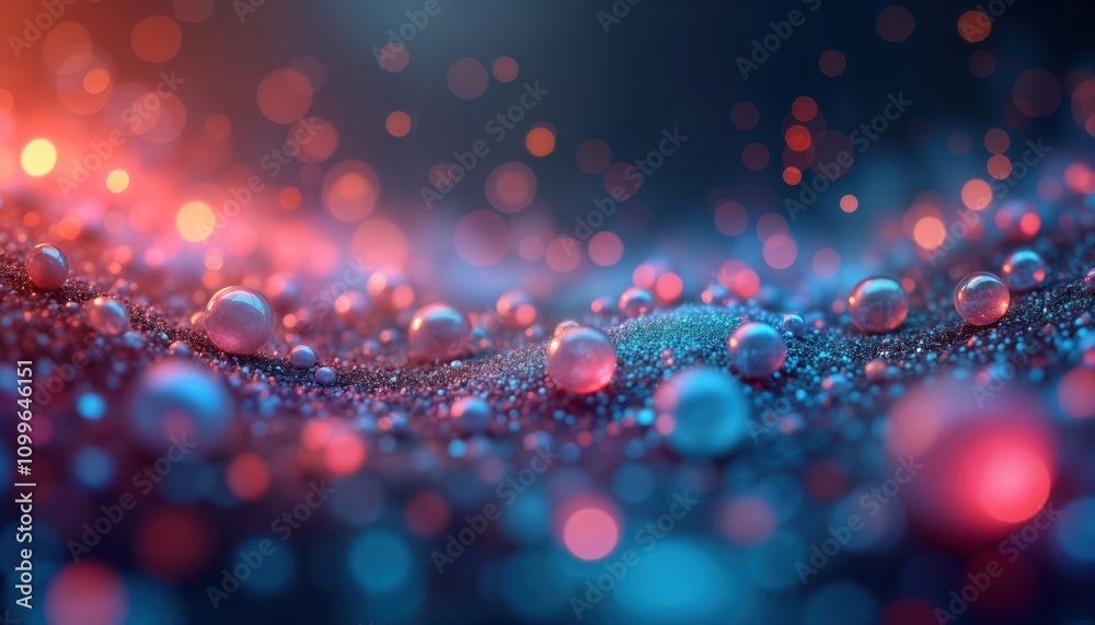 Poster Closeup view of multicolored bubbles. Shiny iridescent spheres scattered on dark textured surface. Abstract design with vibrant colors, light effects. Pattern of glowing circles, droplets. Looks like