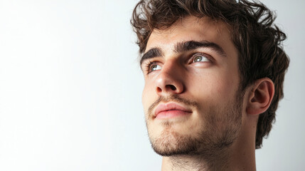 Fototapeta premium Young man with thoughtful expression in bright studio portrait