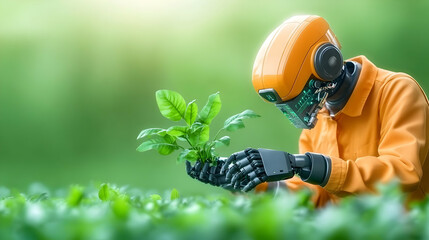 Robot analyzing plant in orange uniform and helmet