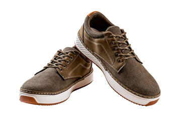 Pair of khaki canvas sneakers cutout. Laced up new brown textile shoes with white soles isolated on a white background. Comfortable sneakers for active lifestyle.