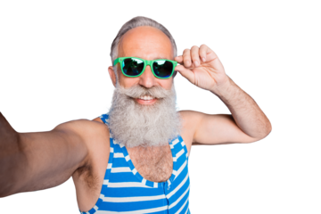 Close up photo of retired person touching his eyeglasses eyewear making photos wearing striped swimwear isolated over blue background