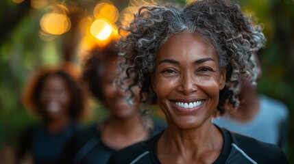 A close-up portrait Of a smiling woman with curly gray hair surrounded by a blurred group Of people in the background.