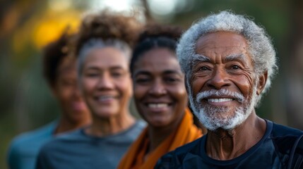 Fototapeta premium A group Of three elderly individuals with the man in the foreground and two women behind him all with short gray hair smiling at the camera.