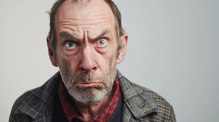 Obraz premium A man with a puzzled expression characterized by raised eyebrows and a furrowed brow.