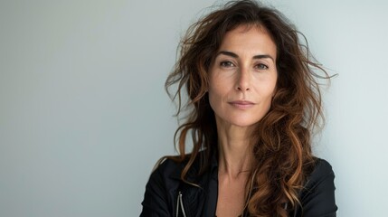 Fototapeta premium The image depicts a woman with long wavy brown hair wearing a black jacket with a zipper set against a plain white wall.