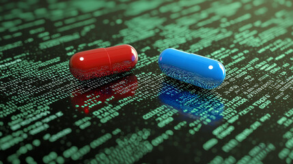 Conceptual choice between red pill and blue pill on digital background