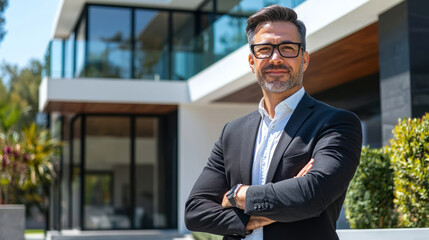 Confident real estate agent standing in front of modern house
