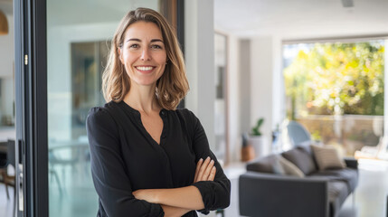 Obraz premium Confident real estate agent standing in modern living room