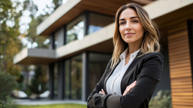 Confident real estate agent posing proudly in front of modern house
